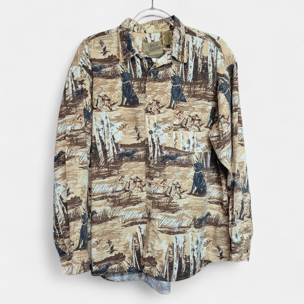 Outdoor Life Field Tested Mens Large Ivory Duck Hunting Black Lab Cotton Shirt